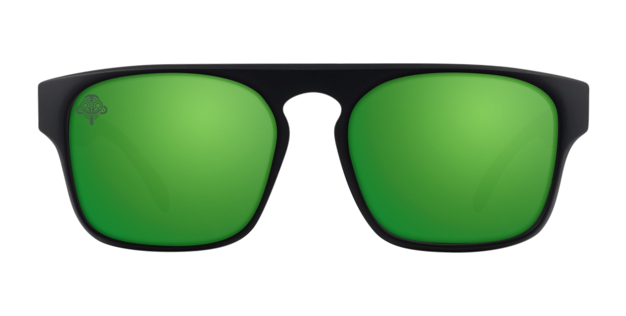 Black sunglasses with green lenses, model Primatology.