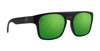 Primatology polarized sunglasses with green mirrored lenses and matte black frame.