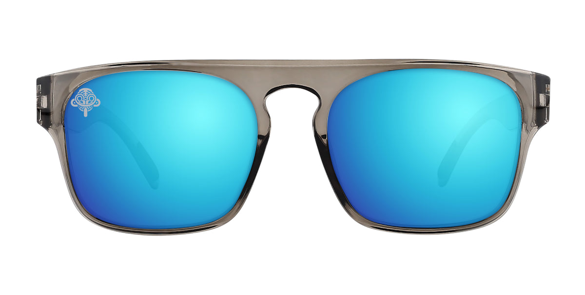 Gray polarized sunglasses with blue mirrored lenses.