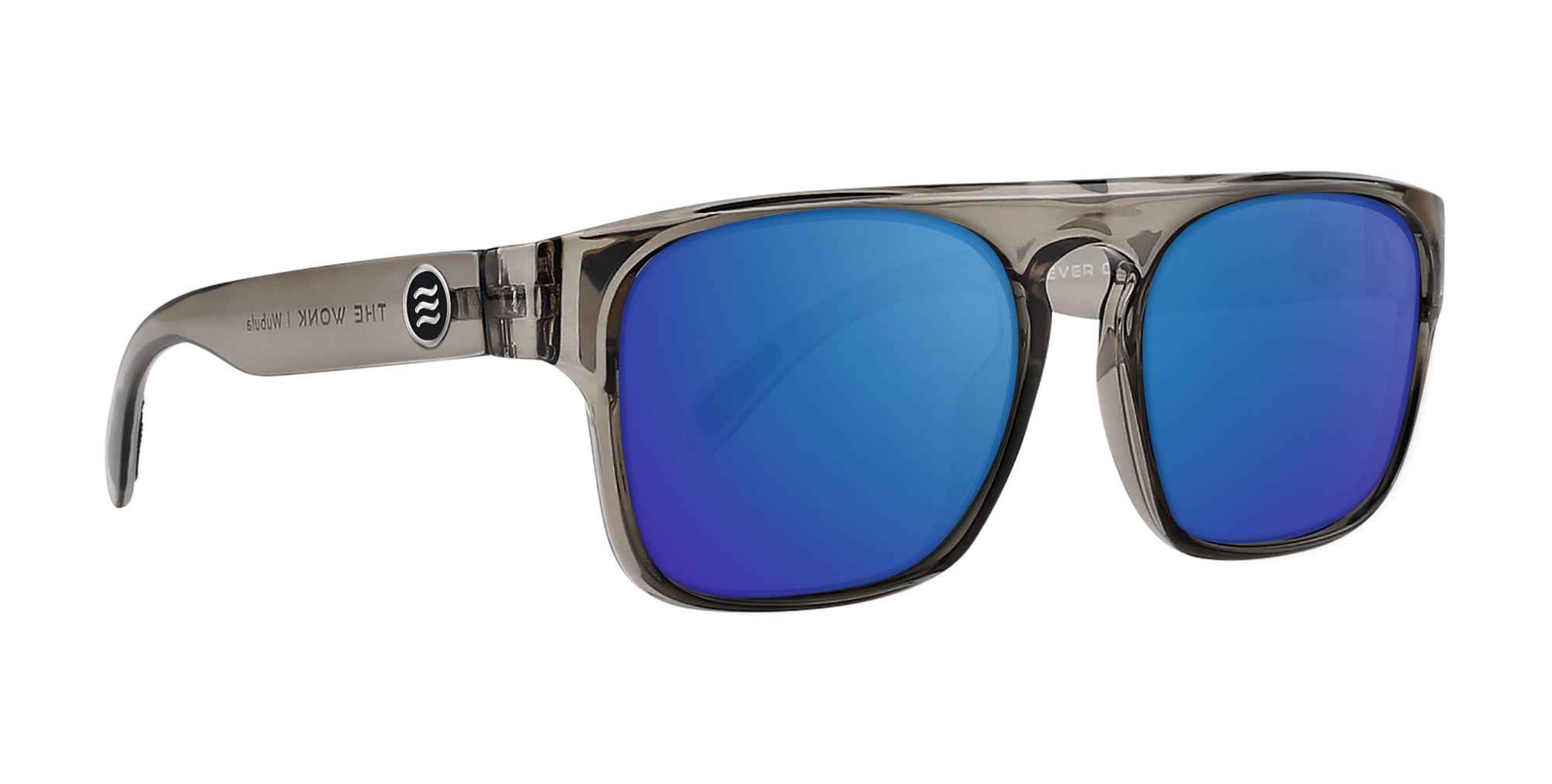 Wubula gray translucent rectangular prescription glasses with blue lenses.