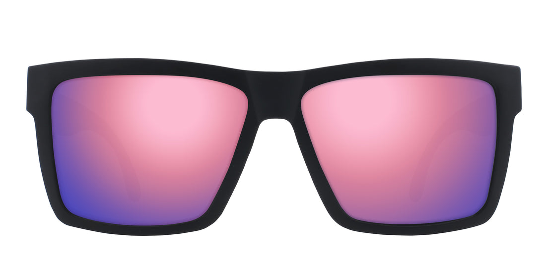 Front view of Lowrider XXL prescription sunglasses showcasing a black frame and pink-to-orange gradient lenses on a white background