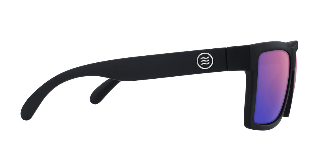 Side view of Lowrider XXL prescription sunglasses showcasing black frames and rose-pink gradient lenses with a white background