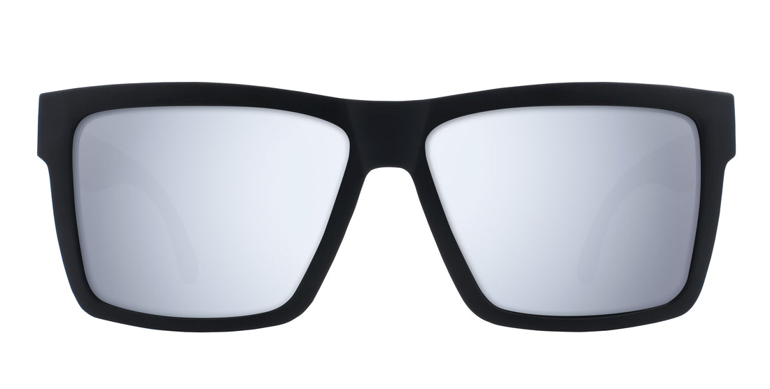 Front view of Nightshade XXL prescription sunglasses showcasing a black frame and silver lenses on a white background
