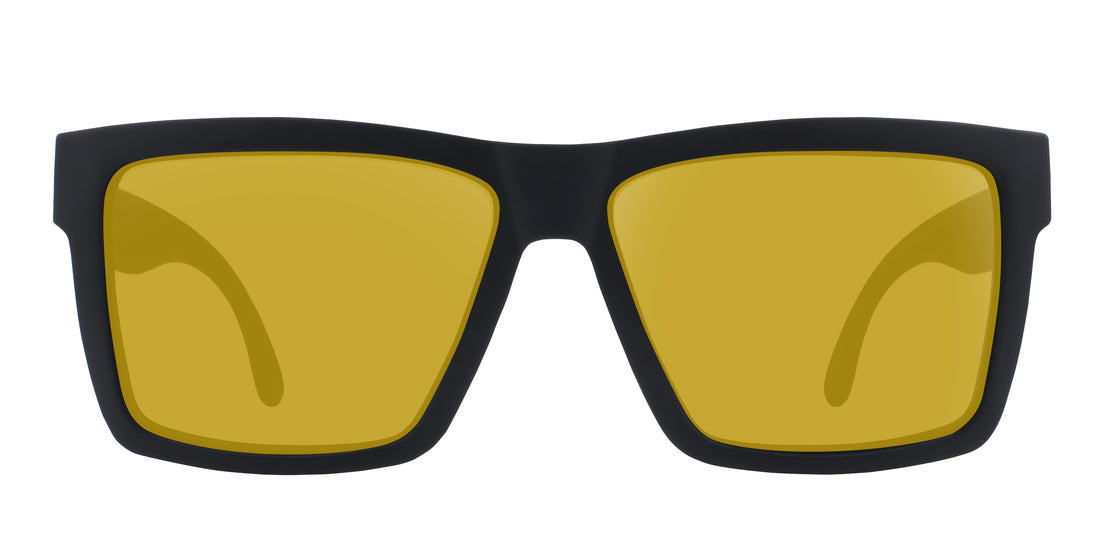 Front view of Nightshade XXL prescription sunglasses showcasing a black frame and yellow lenses with a white background