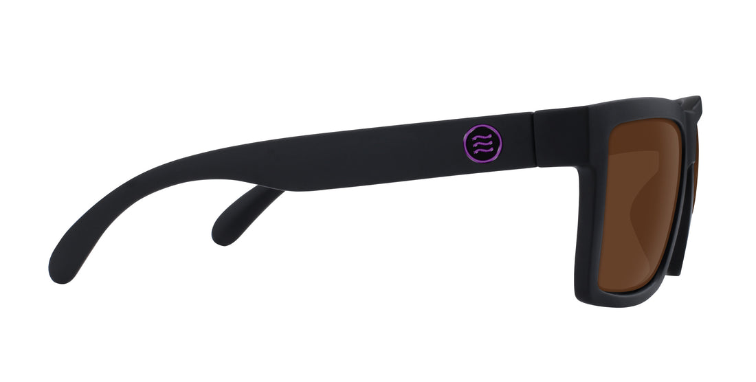 Side view of Nightshade XXL prescription sunglasses showcasing black frames and brown lenses with a white background