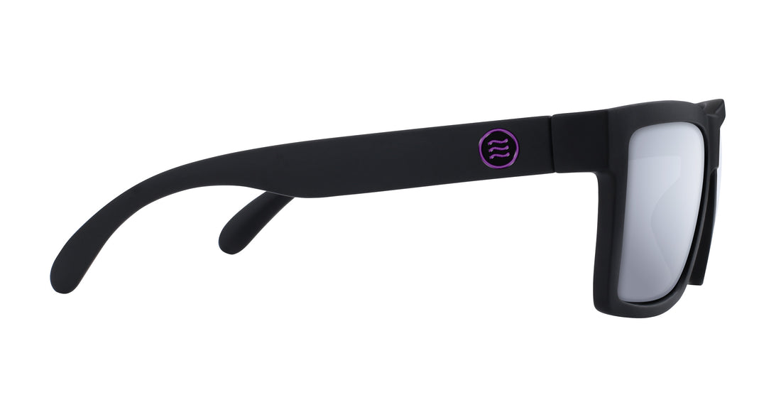 Side view of Nightshade XXL prescription sunglasses showcasing a black frame and silver lens on a white background