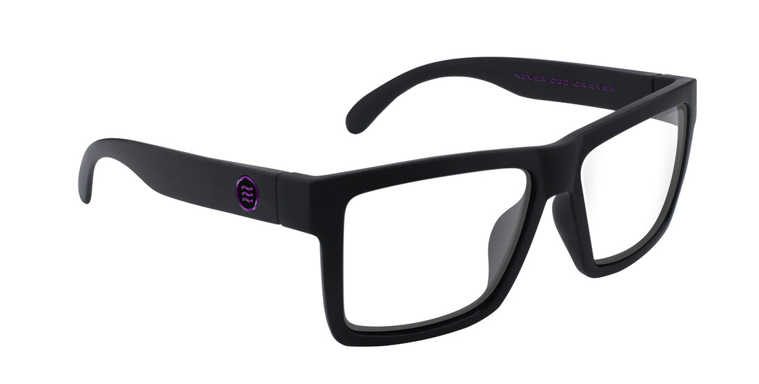 Three-quarter view of Nightshade Tombstone XXL prescription sunglasses with black rectangular frames and clear lenses on a white background