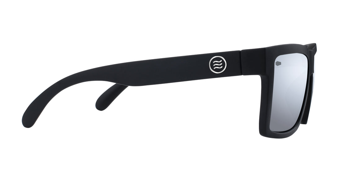 Side view of Ace XL sunglasses showing matte black X-Large frame, silver mirrored polarized lens and etched coffin logo