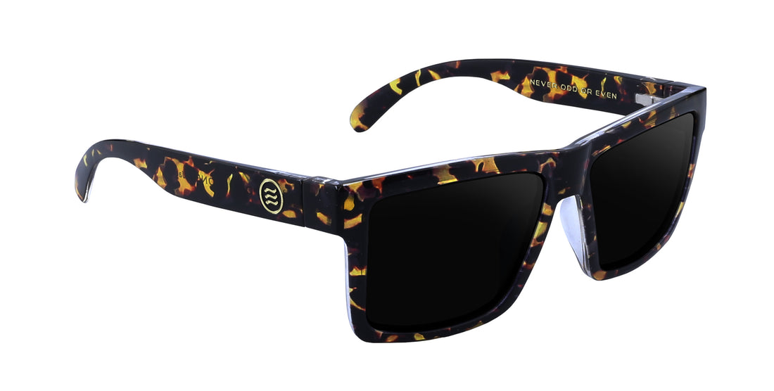 Close-up right view of Jaguar XL sunglasses showing tortoise shell frame and oversized black lenses on white background