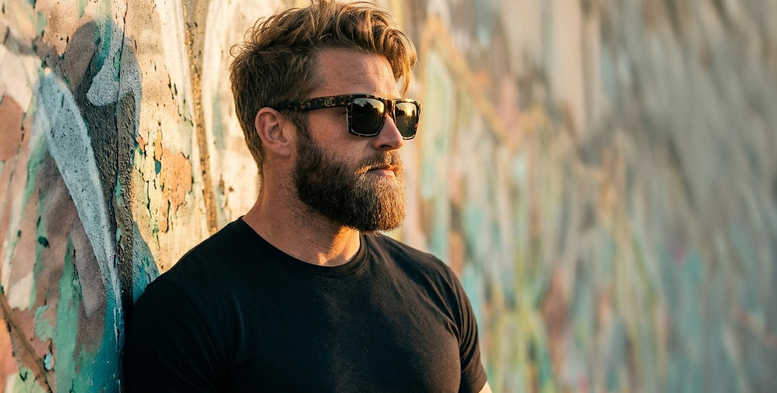 Bearded man wearing Jaguar XL tortoiseshell polarized sunglasses leaning against a graffiti covered wall at sunset