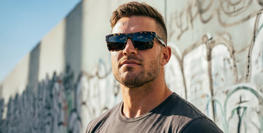 Close-up angled of Jaguar XL sunglasses with tortoiseshell oversized frames, polarized lenses, graffiti background