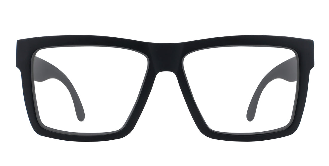 Front view of Nightshade XL prescription sunglasses showcasing matte black frame and clear lenses on white background
