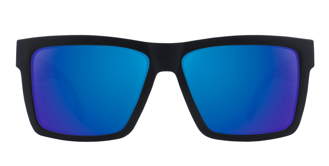 Front close-up of Nightshade XL sunglasses showing matte black frame and blue mirrored lenses on white background