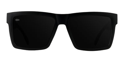 Right three-quarter view of Prospector XL sunglasses with black polarized lenses, gold temples, and coffin lens stamp on white