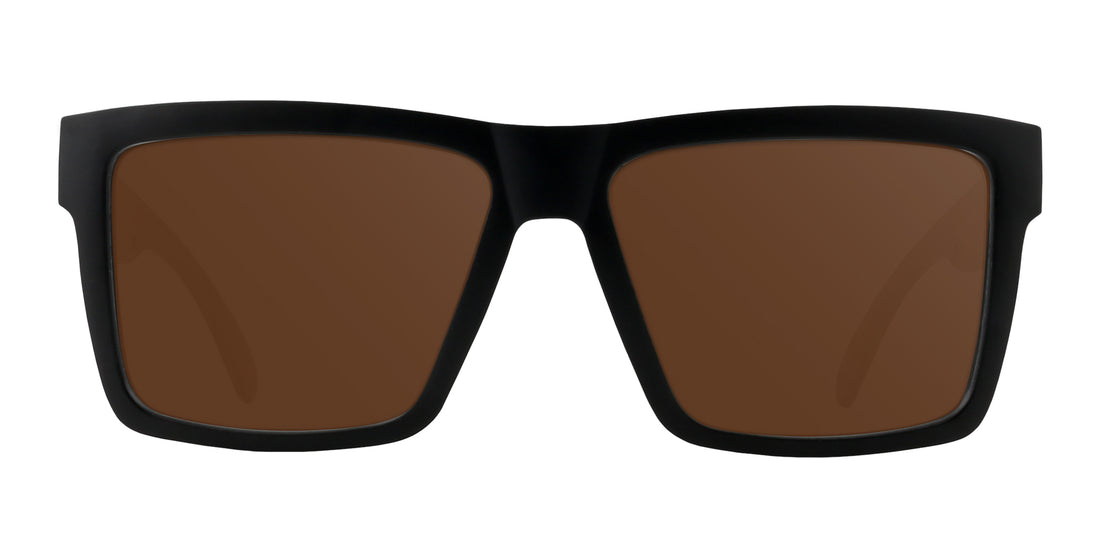 Front view of Prospector XL sunglasses showcasing oversized matte black frame and brown prescription lenses on white background