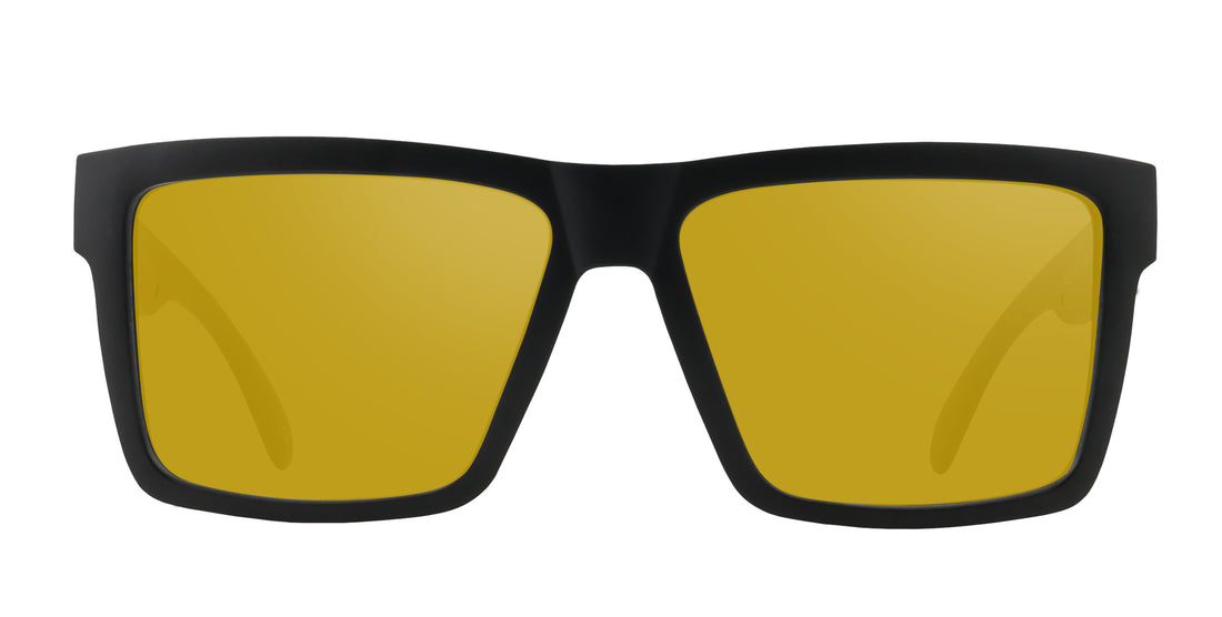 Front view of Prospector XL showcasing oversized matte black frame and yellow prescription lenses on white background