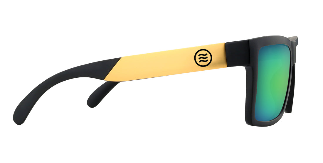 Side view of Prospector XL prescription sunglasses with black matte frame, gold metal temple and green mirrored lens