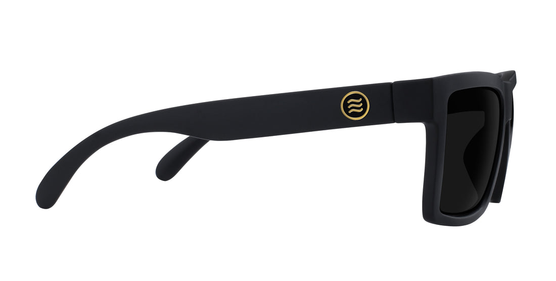 Side view of Sentry XL prescription sunglasses with matte black XL frame, gold logo and stainless-steel hinge