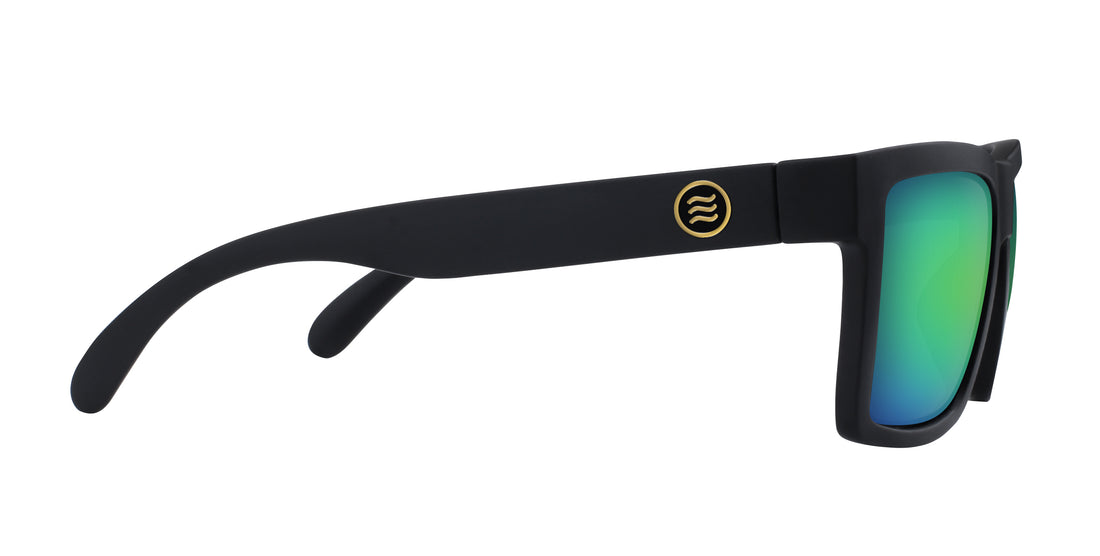 Right side view of Sentry XL sunglasses, matte black frame with gold temple logo and green lenses on white background