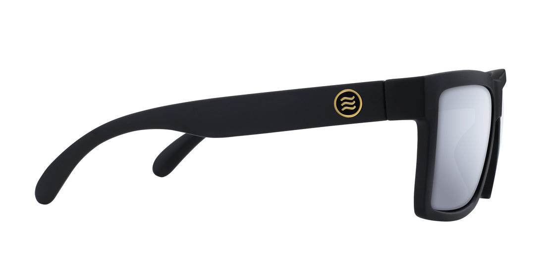 Right-side close-up of Sentry XL sunglasses showcasing matte black X-Large frame, gold circular temple logo, and Rx lenses on white background