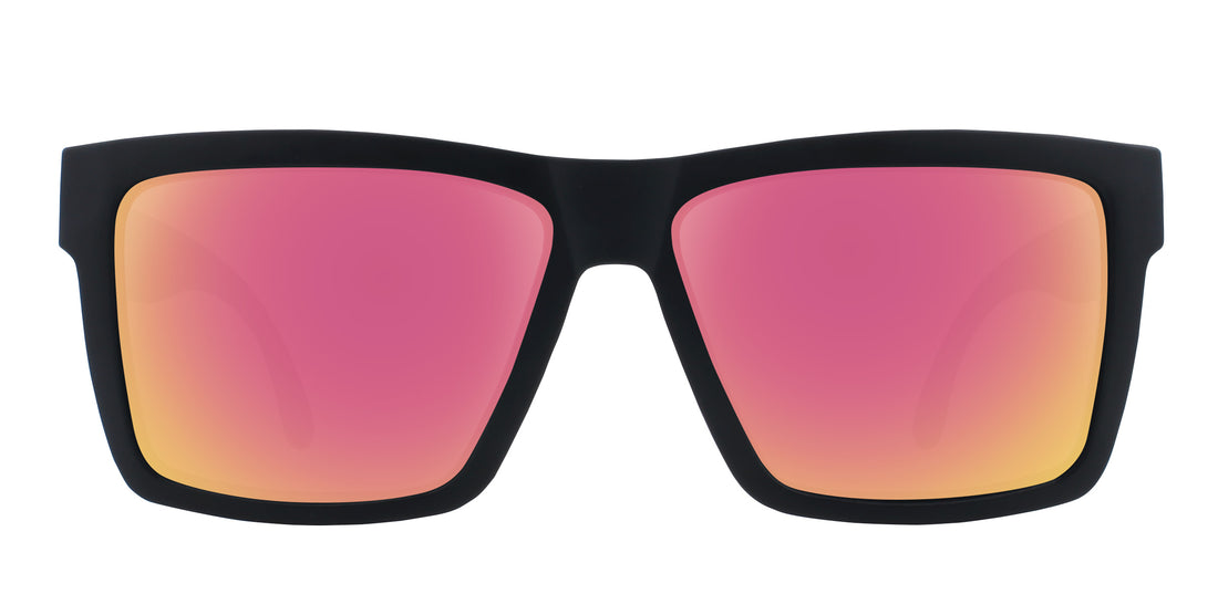 Front view of Ace Tombstone sunglasses with black rectangular frame and rose-pink mirrored lenses on white background