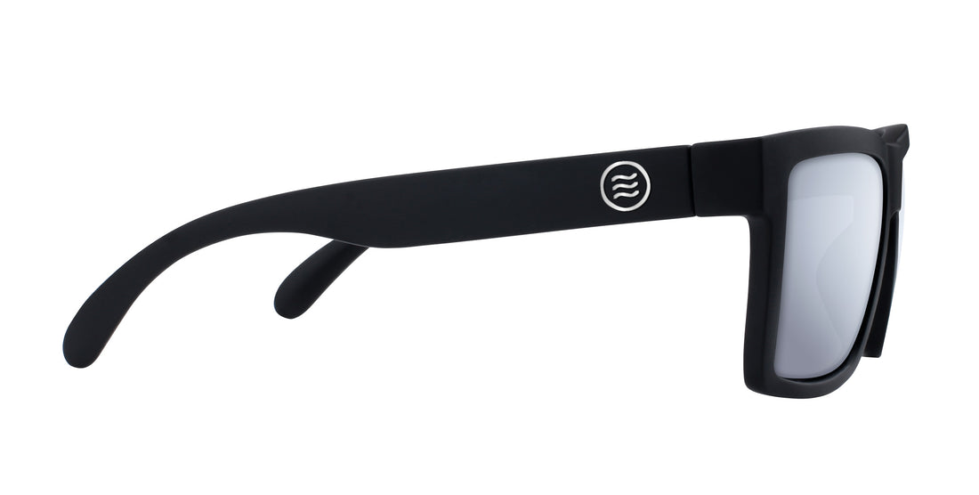 Side view of Ace prescription sunglasses showing matte black temple with silver Neven logo and mirrored lens on white background
