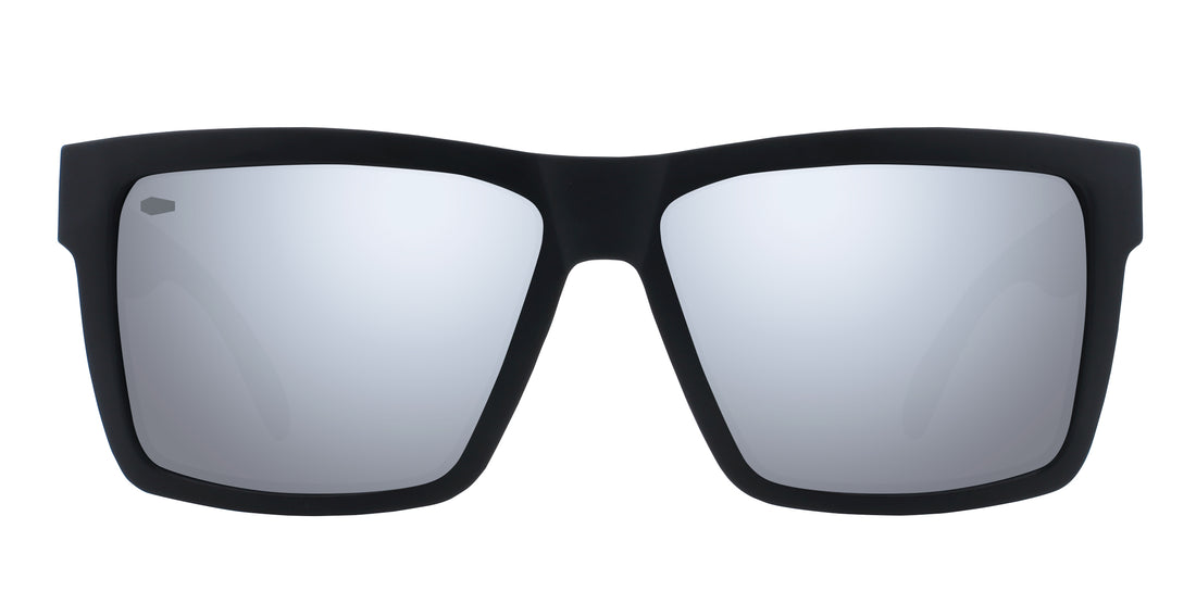 Black rectangular polarized sunglasses with silver lenses.
