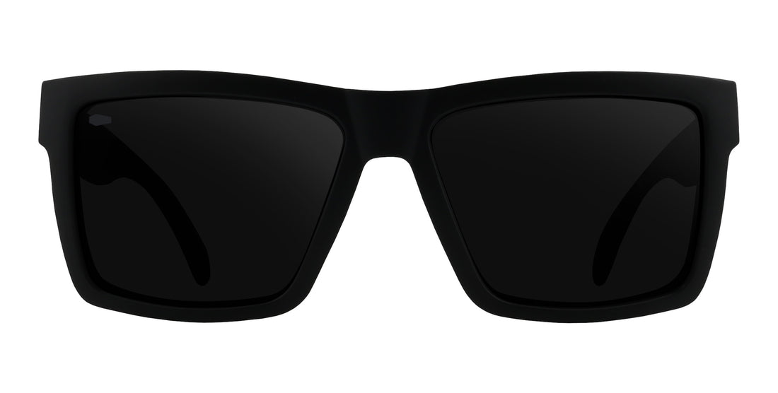Front view of Bad Company South Shore polarized sunglasses showcasing black frames and dark lenses on a white background