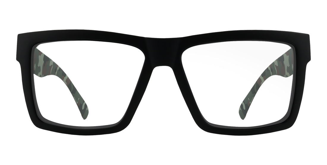 Front close-up of Bad Company prescription sunglasses showcasing matte black oversized square frame and camo-patterned inner temples on white background