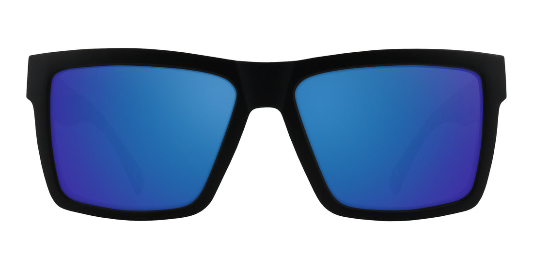 Front of Bad Company sunglasses showing matte black frame and blue mirrored prescription lenses on white background