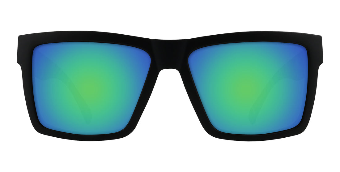 Front close-up of Bad Company Rx sunglasses showing matte black camo frame and green-blue mirrored lenses on white background