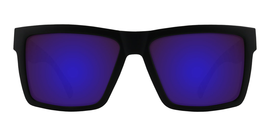 Front view of Bad Company prescription sunglasses showing matte black camo frame with purple mirrored lenses on white background