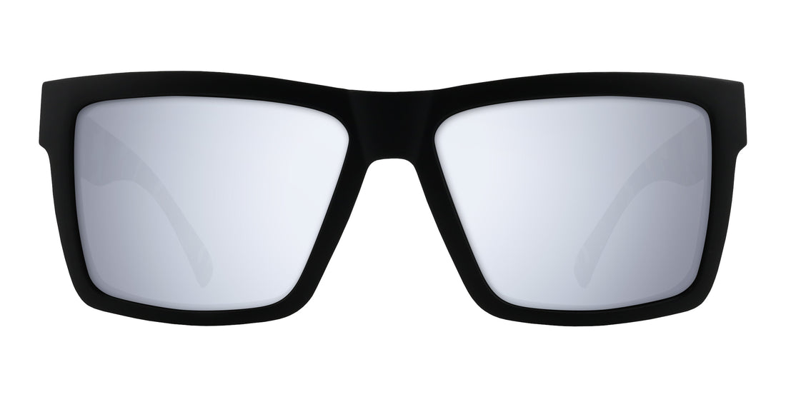 Front view of Bad Company prescription sunglasses with black matte square frame and silver mirrored lenses on white background