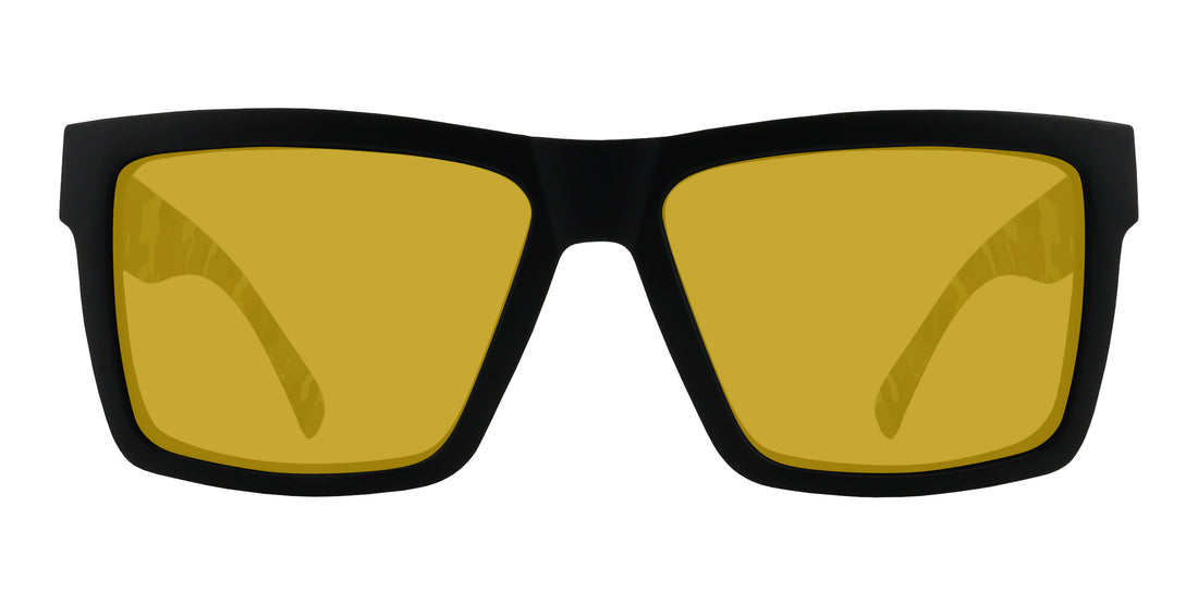 Front close-up of Bad Company sunglasses showing matte black large frame with yellow prescription lenses on white background