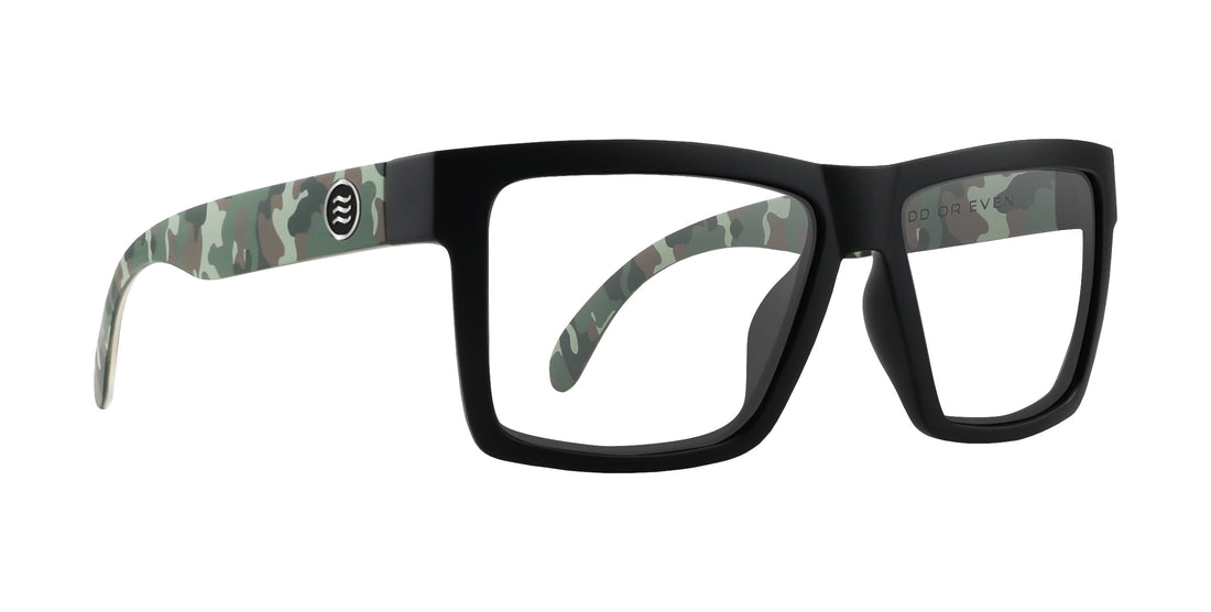 Right-front view of Bad Company sunglasses showing black matte square frame, green camo temples and clear lenses on white