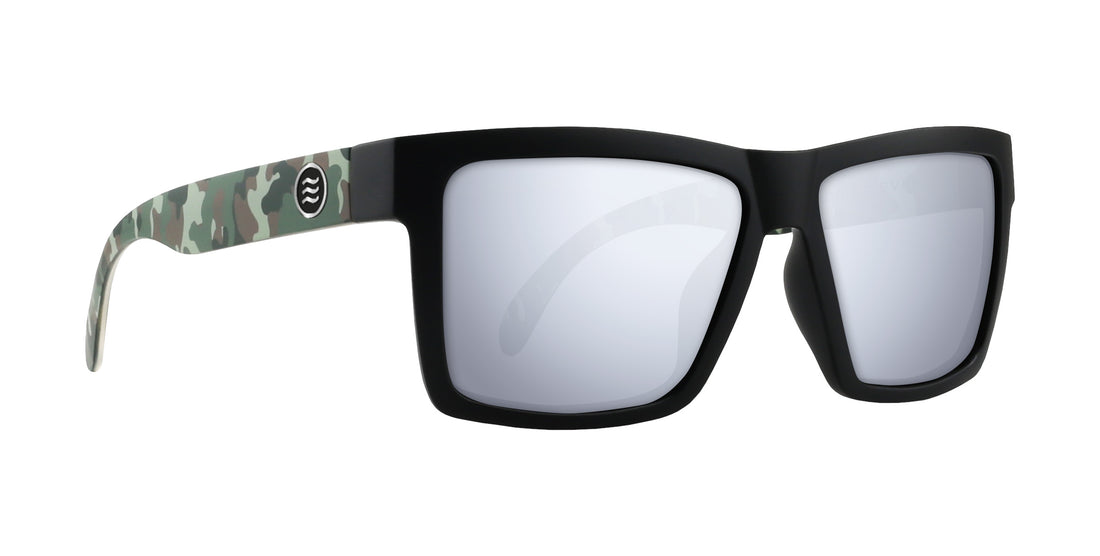 Three-quarter view of Bad Company sunglasses with matte black square frame, camouflage temples and silver mirrored lenses