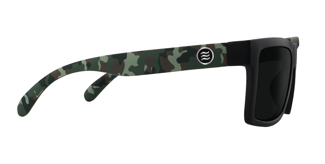 Side view of Bad Company prescription sunglasses showcasing black and camouflage temples with a matte frame on white