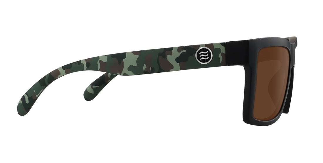 Side view of Bad Company sunglasses showcasing camo-patterned temples, matte black frame, and brown prescription lenses on white background