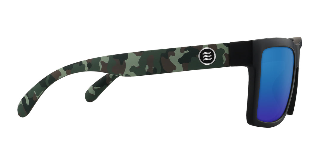 Side view of Bad Company sunglasses showcasing matte black front, camo-print temple, and blue mirrored prescription lens on white background