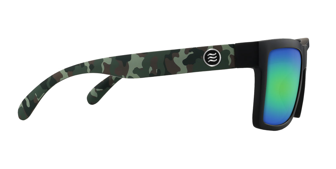 Side view of Bad Company Rx sunglasses showcasing camo temple, matte black frame and blue-green mirrored lens on white
