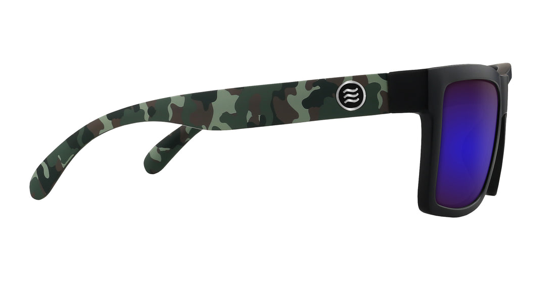 Side view of Bad Company sunglasses showcasing camo temple, matte black frame, and purple mirrored lens on white background
