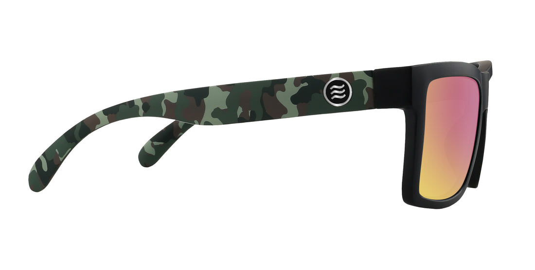 Right-side close-up of Bad Company sunglasses showcasing matte black frame, camouflage temple, and pink mirrored lens on white background