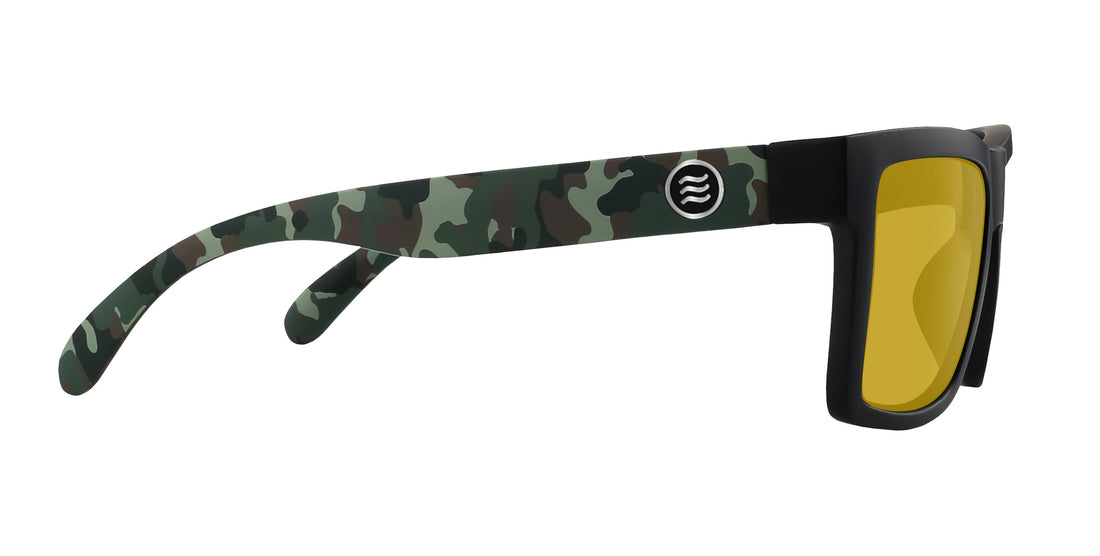 Right-side close-up of Bad Company sunglasses showcasing camo temple, matte black frame, and yellow lens on white background