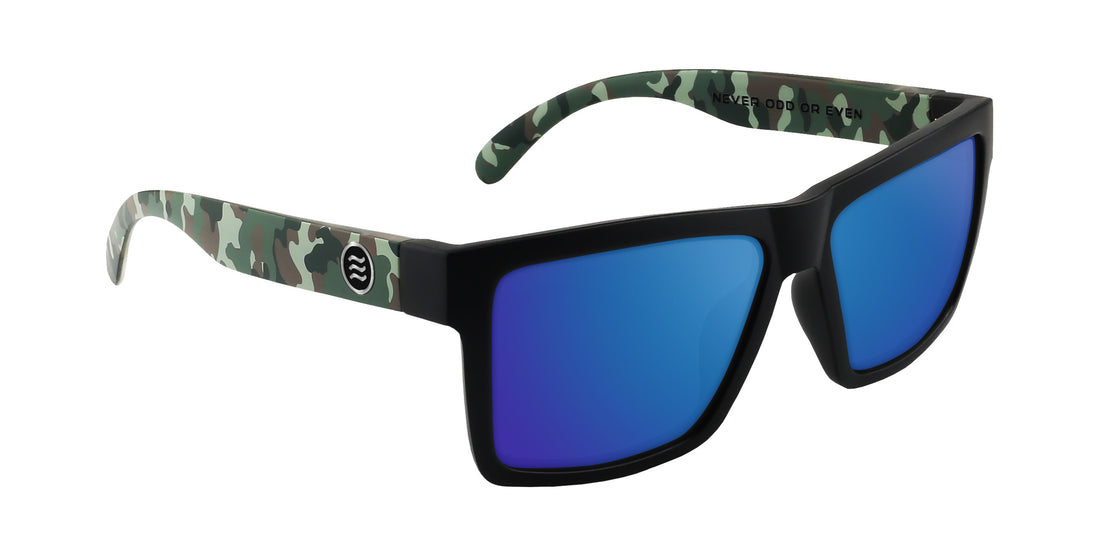 Three-quarter view of Bad Company sunglasses with matte black front, camo arms, and blue mirrored lenses on white background