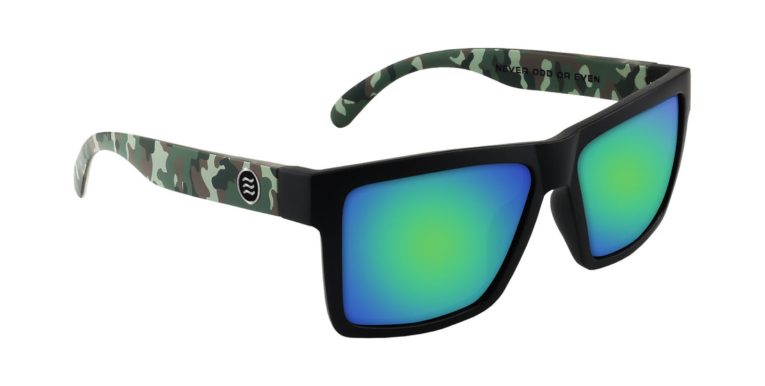 Angled close up of Bad Company sunglasses showing black matte frame, camo temples and green blue mirrored Rx lenses