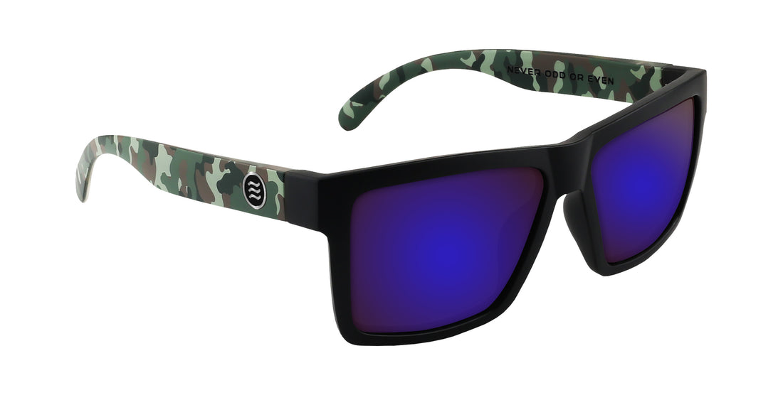 Angled view of Bad Company Rx sunglasses with matte black frame, camo temples and purple mirrored lenses on white