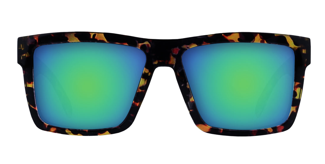 Close-up front view of Jaguar prescription sunglasses showcasing tortoiseshell gloss frame and green-blue mirrored lenses on white background