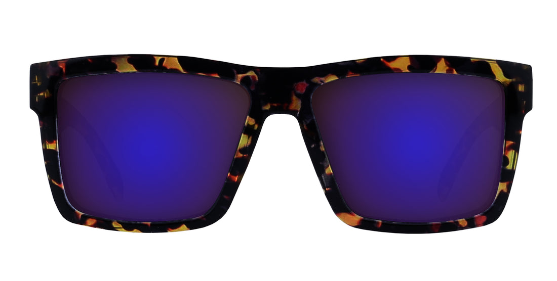 Front view of Jaguar sunglasses showing large glossy tortoiseshell frame and purple mirrored lenses on white background