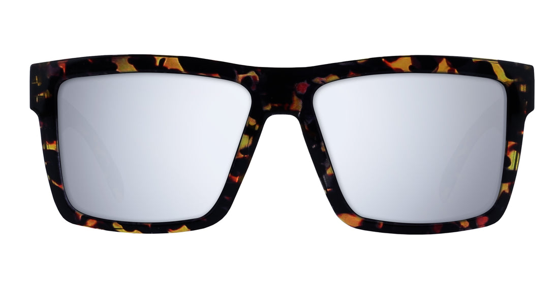 Front close up of Jaguar prescription sunglasses with large glossy tortoiseshell rectangular frame on white background