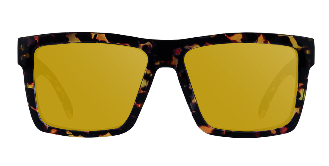 Front view of Jaguar prescription sunglasses showcasing tortoiseshell gloss frame and yellow lenses on white background